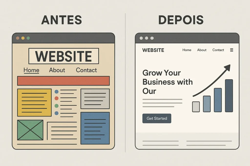 Comparativo visual entre um site desatualizado e um site moderno com foco em vendas. Ideal para destacar a importância da criação de sites em Salvador com estratégia e design funcional.