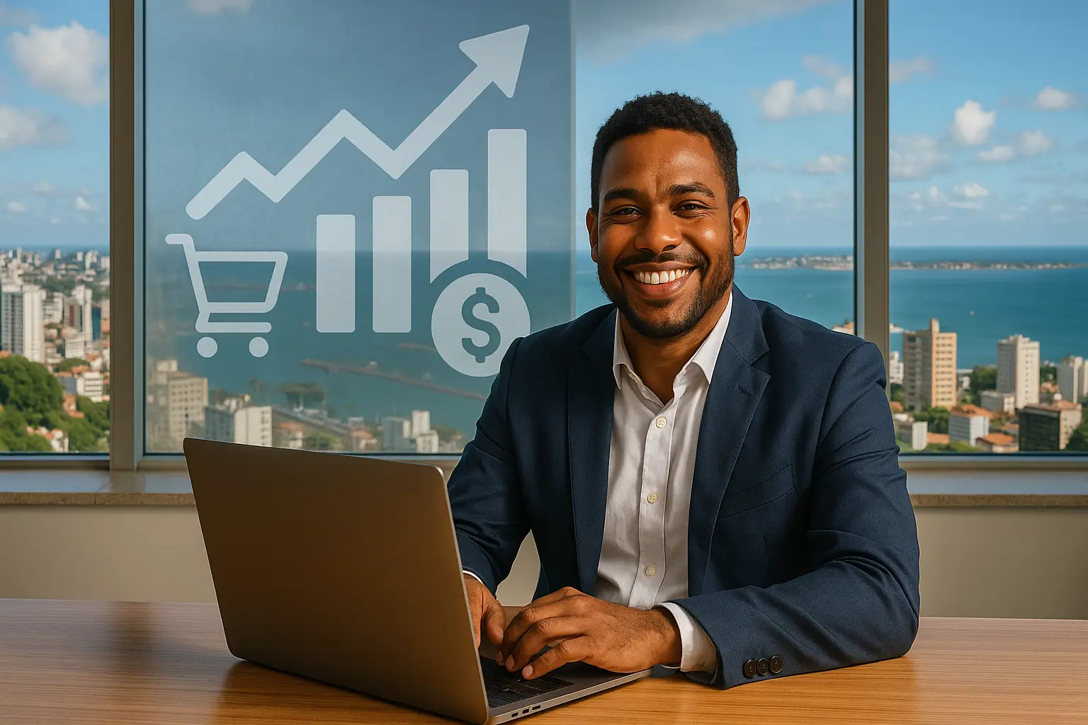 Empresário sorridente usando notebook com vista para Salvador ao fundo, representando sucesso após investir na criação de sites em Salvador com foco em performance e conversão.